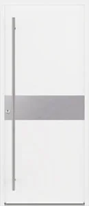 Porte d'entrée en acier blanc avec bandeau inox et barre de tirage