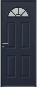 Porte d'entrée en acier bleu nuit à panneaux moulurés et vitrage en demi-lune