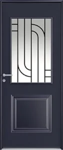 Porte d'entrée en acier bleu nuit, vitrage à décor métallique et panneau mouluré