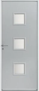 Porte d'entrée en acier gris clair avec trois hublots carrés