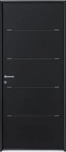 Porte d'entrée en acier noir avec inserts inox horizontaux