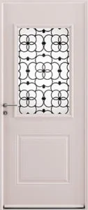 Porte d'entrée en acier rose pâle avec vitrage à grille décorative