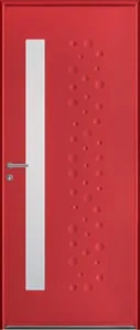 Porte d'entrée en acier rouge avec vitrage vertical et motifs en relief