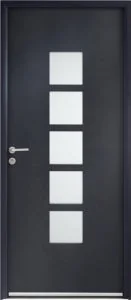 Porte d'entrée en aluminium gris anthracite avec cinq hublots carrés