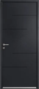 Porte d'entrée en aluminium gris anthracite à rainures horizontales