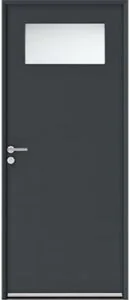 Porte d'entrée en aluminium gris anthracite avec vitrage rectangulaire en partie haute