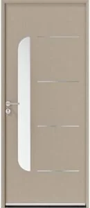 Porte d'entrée en aluminium beige avec vitrage courbe et inserts inox