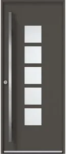 Porte d'entrée en aluminium brun foncé avec cinq hublots carrés et barre de tirage