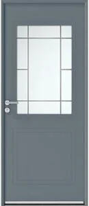Porte d'entrée en aluminium gris bleu, vitrage à petits bois en partie haute