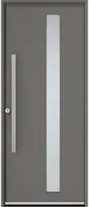 Porte d'entrée en aluminium gris avec vitrage vertical et barre de tirage