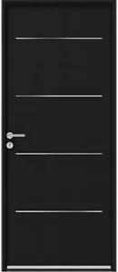 Porte d'entrée en aluminium noir avec quatre inserts inox