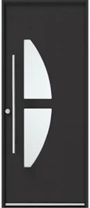 Porte d'entrée en aluminium noir avec deux vitrages arrondis et barre de tirage