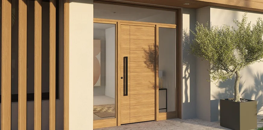 Porte d'entrée en chêne clair dans une entrée contemporaine