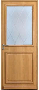 Porte d'entrée en chêne semi-vitrée, vitrage à motif de losanges