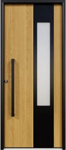 Porte d'entrée en chêne clair avec vitrage vertical sur bande noire et barre de tirage