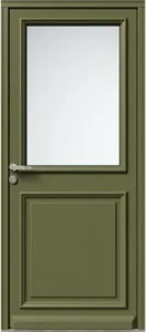 Porte d'entrée en bois peinte en vert, semi-vitrée