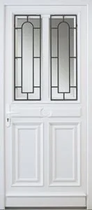 Porte d'entrée en PVC blanc de style menuisé avec deux vitrages décoratifs