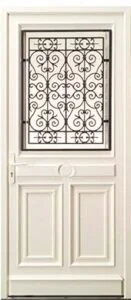Porte d'entrée en PVC blanc de style menuisé avec grille en fer forgé