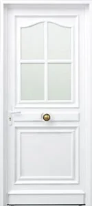 Porte d'entrée en PVC blanc de style menuisé, vitrage cintré à quatre carreaux