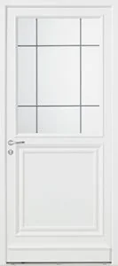 Porte d'entrée en PVC blanc, vitrage à petits bois en partie haute