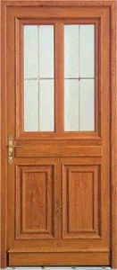 Porte d'entrée en PVC aspect chêne doré, deux vitrages à croisillons
