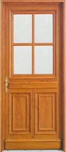 Porte d'entrée en PVC aspect chêne doré, vitrage à quatre carreaux
