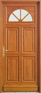Porte d'entrée en PVC aspect chêne doré à panneaux, vitrage en demi-lune