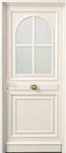 Porte d'entrée en PVC sable de style menuisé, vitrage arrondi à croisillons