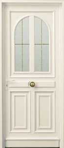 Porte d'entrée en PVC sable de style menuisé, vitrage cintré à croisillons